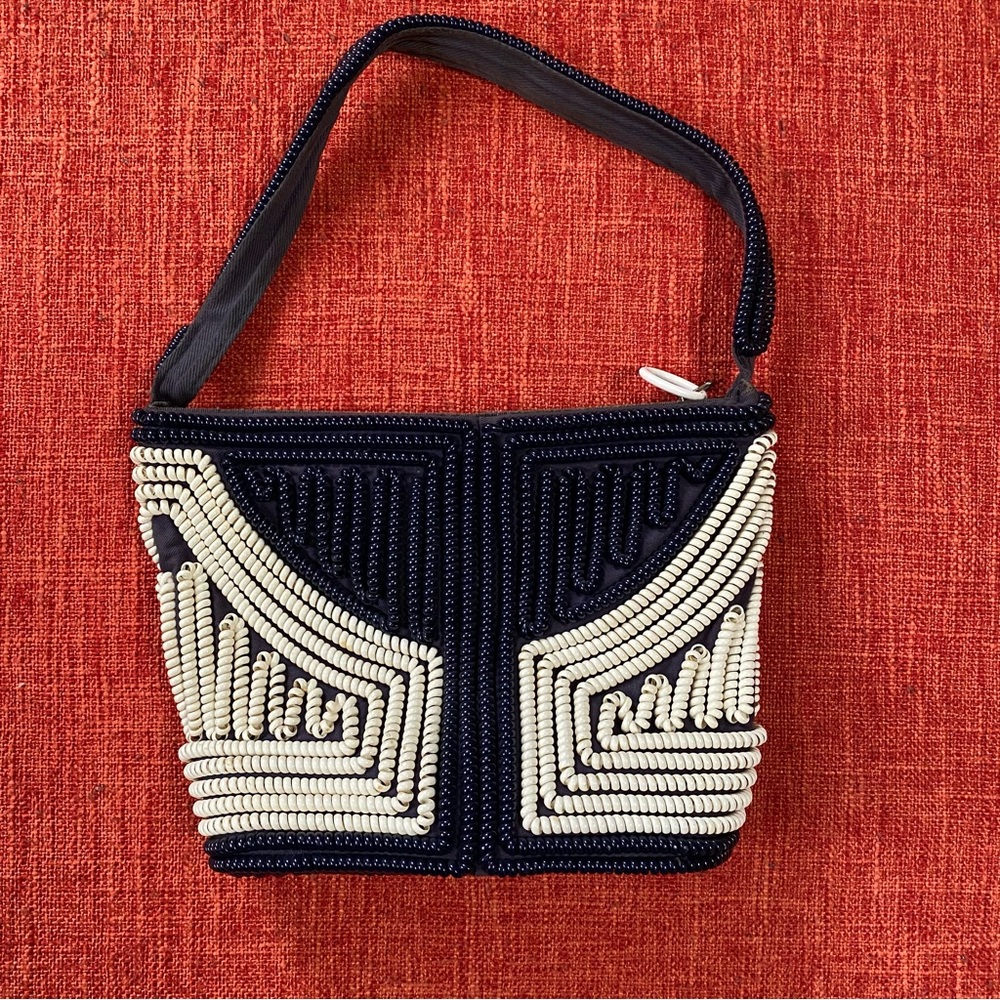 VTG 40’s Black Navy White Stripes Telephone Cord Wire Bag Purse